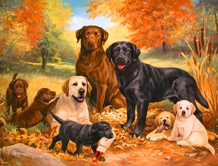 Veel Honden in het Herfstbos Diamond Painting
