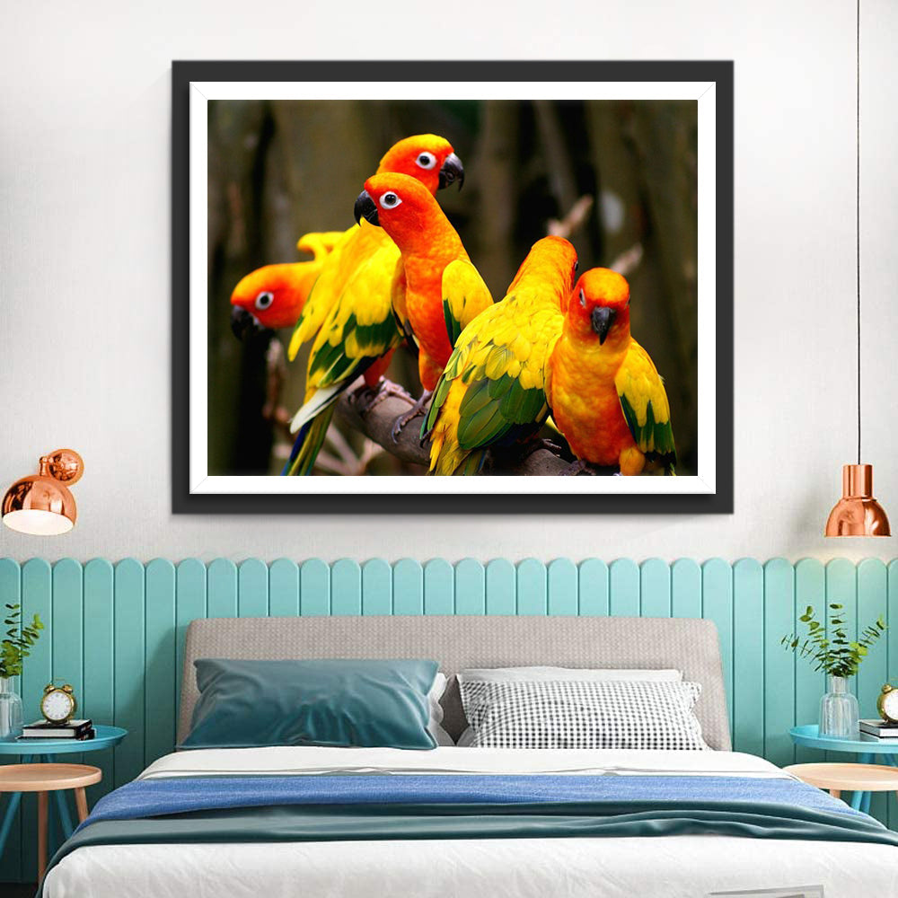 Veel Papegaaien op de Tak Diamond Painting