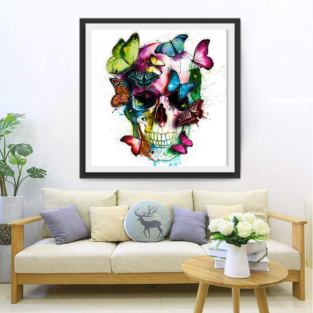 Veelkleurig Doodskop met Vlinders Diamond Painting