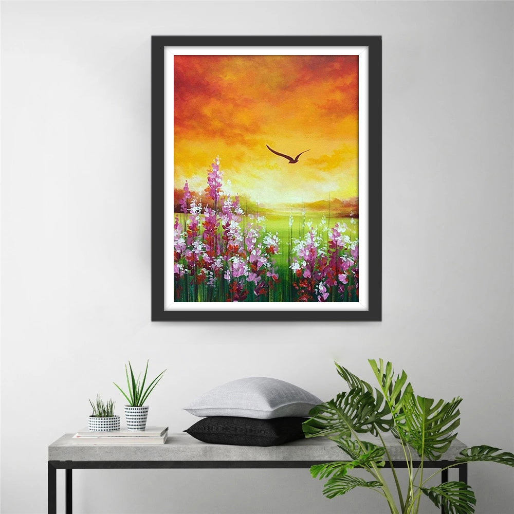 Veldvol Bloemen en Vliegende Vogel Diamond Painting