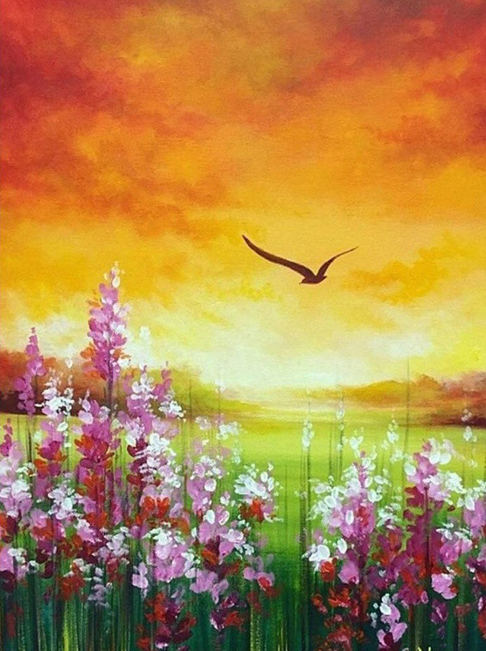 Veldvol Bloemen en Vliegende Vogel Diamond Painting