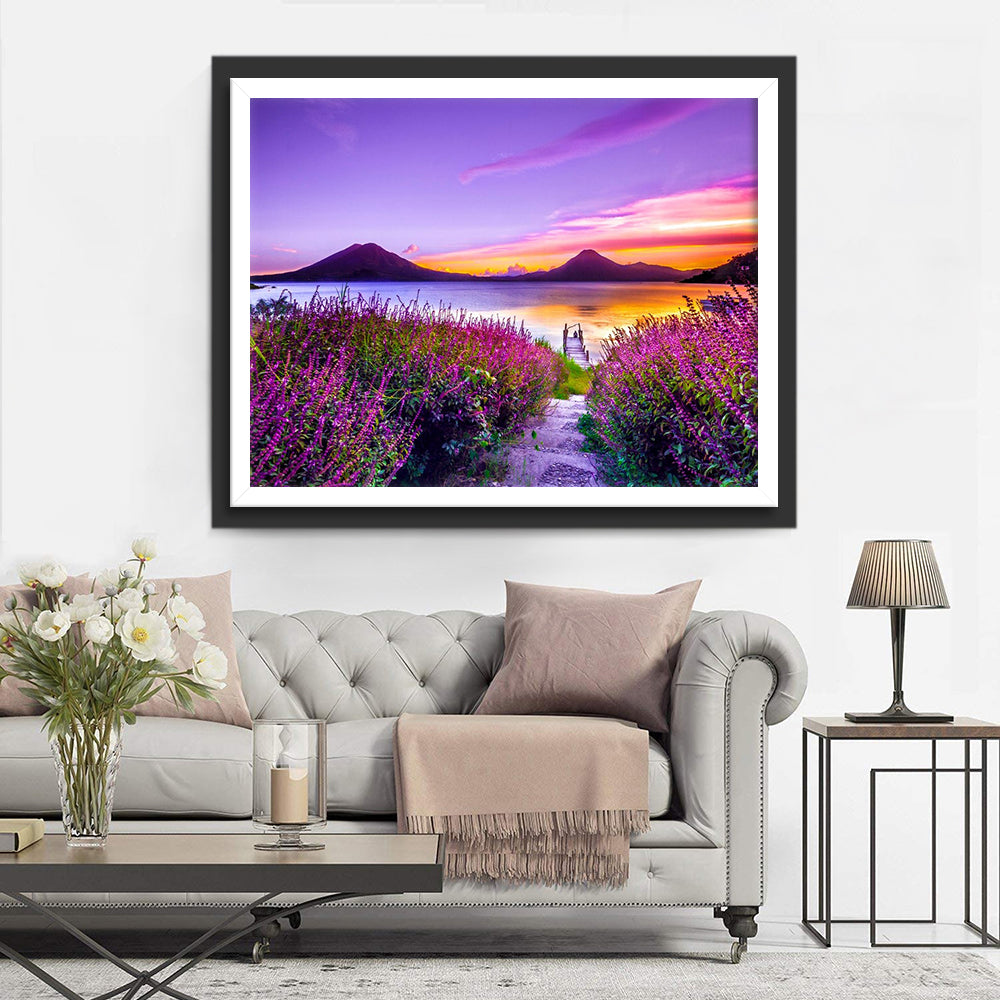 Verbluffend Meer-berg-bloementafereel Diamond Painting