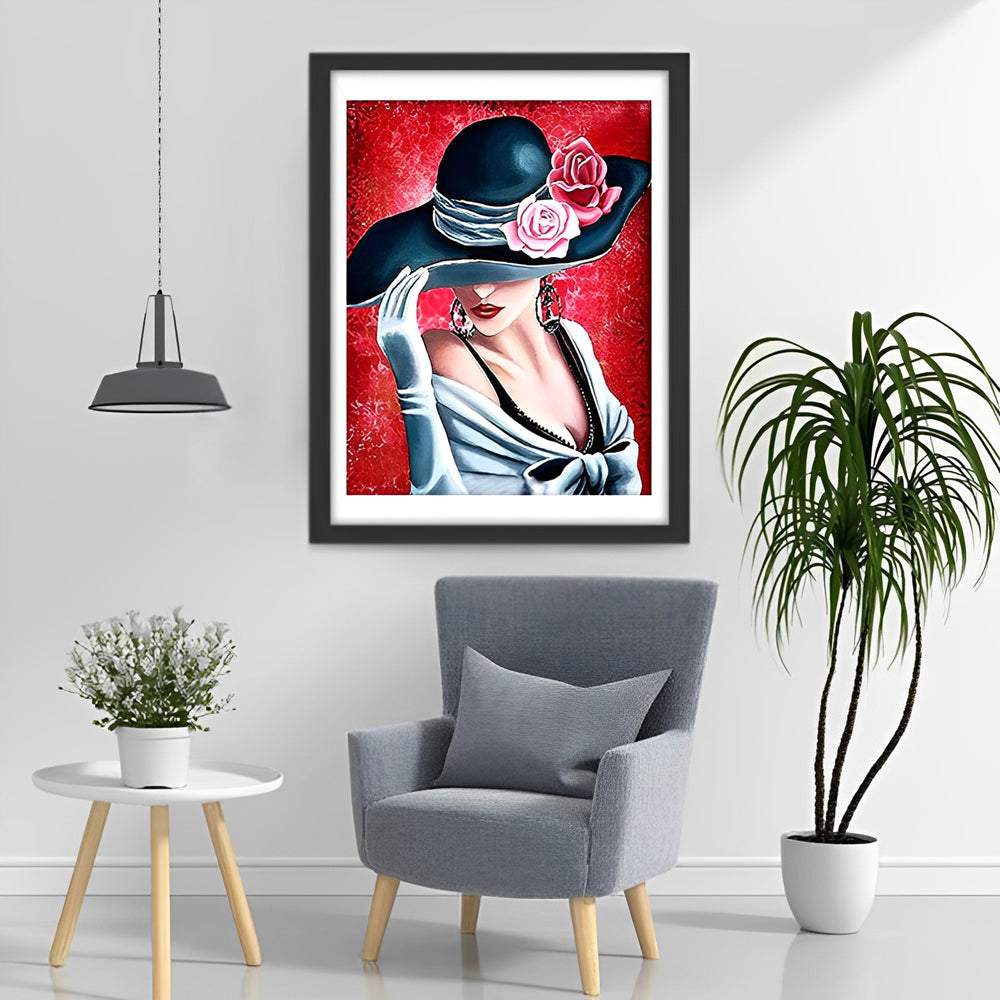 Verfijnde Dame in Zwarte Hoed met Roze Roos en Witte Mantel Diamond Painting