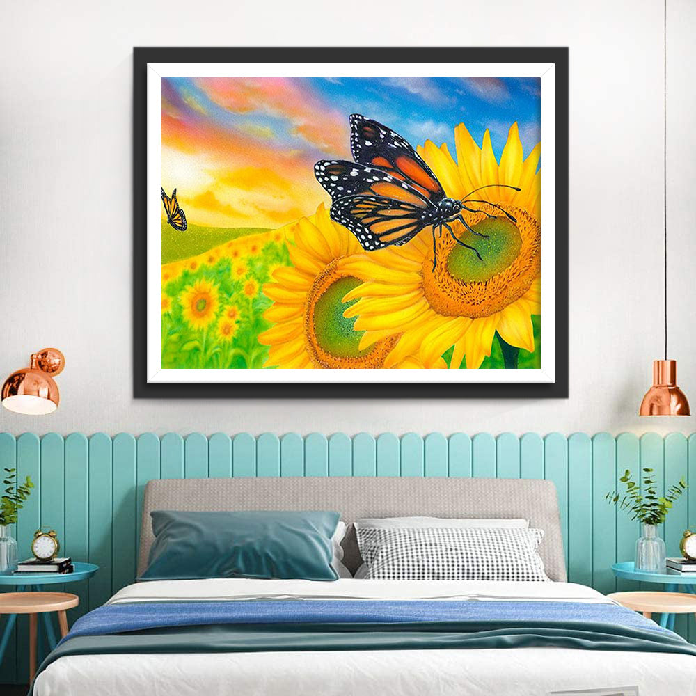 Verfrissende Zicht van Zonnebloemen en Vlinders in de Lente Diamond Painting