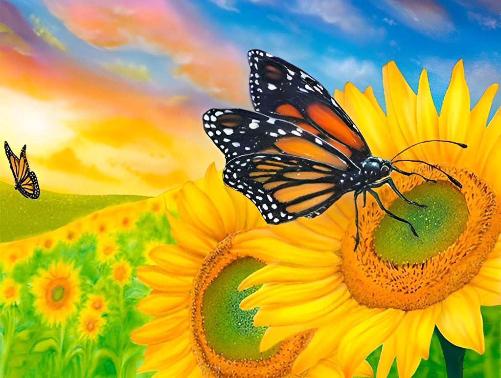 Verfrissende Zicht van Zonnebloemen en Vlinders in de Lente Diamond Painting