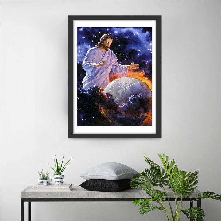 Verlichte Jezus en de Aarde in Kosmos Diamond Painting