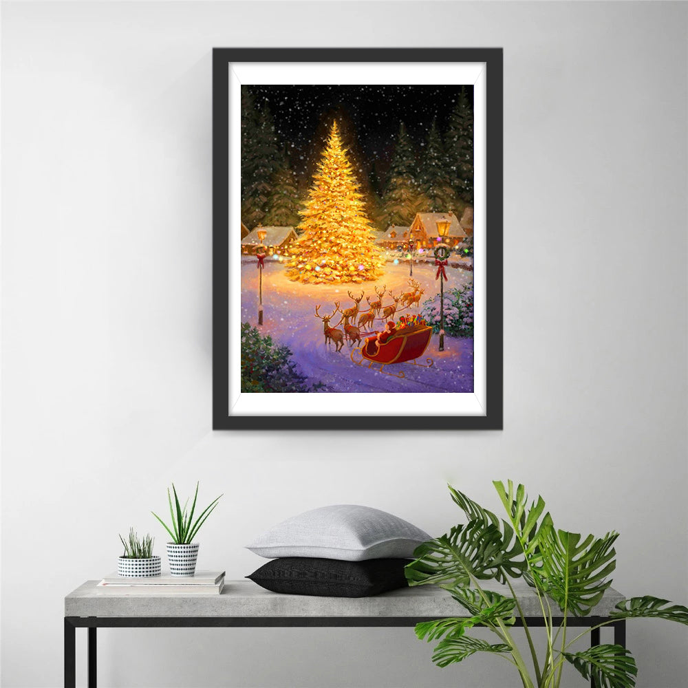 Verlichte Kerstboom en Kerstman's Rendierploeg Diamond Painting