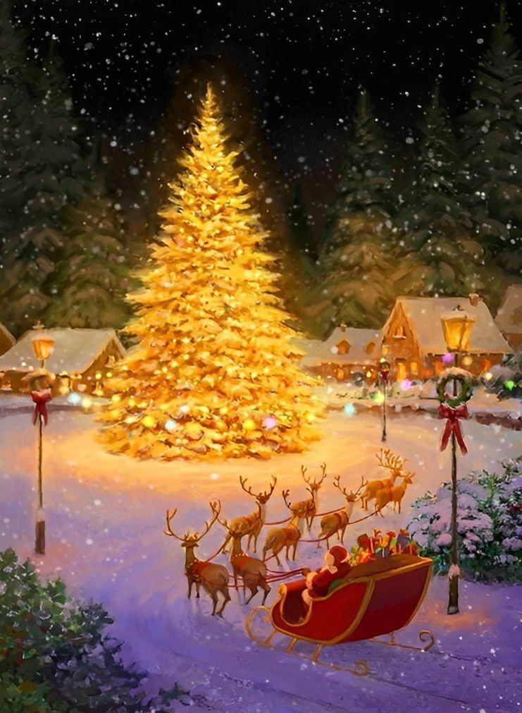Verlichte Kerstboom en Kerstman's Rendierploeg Diamond Painting