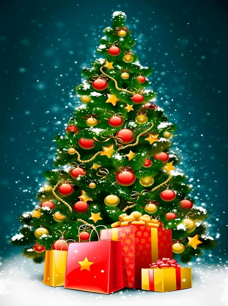 Verlichte Kerstboom met Geschenken Diamond Painting