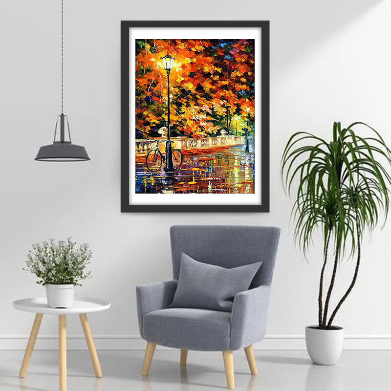 Verlichte Lantaarn en Fiets aan de Plas met Goudgele Bladeren Diamond Painting