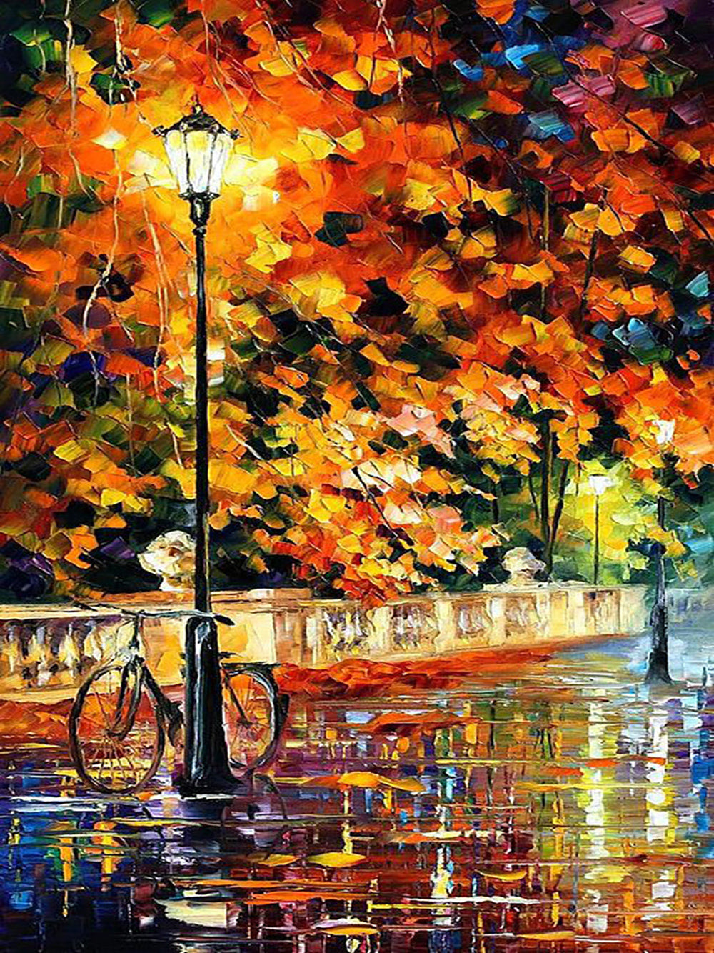Verlichte Lantaarn en Fiets aan de Plas met Goudgele Bladeren Diamond Painting