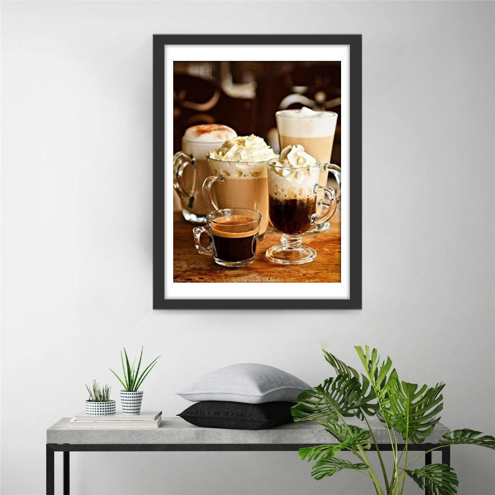 Verschillende Koffies met Slagroom in Glazen Mokken Diamond Painting
