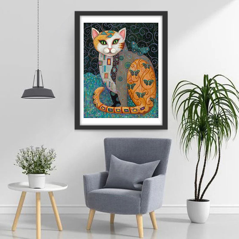 Versierde Kat en Groene Vlinders Diamond Painting