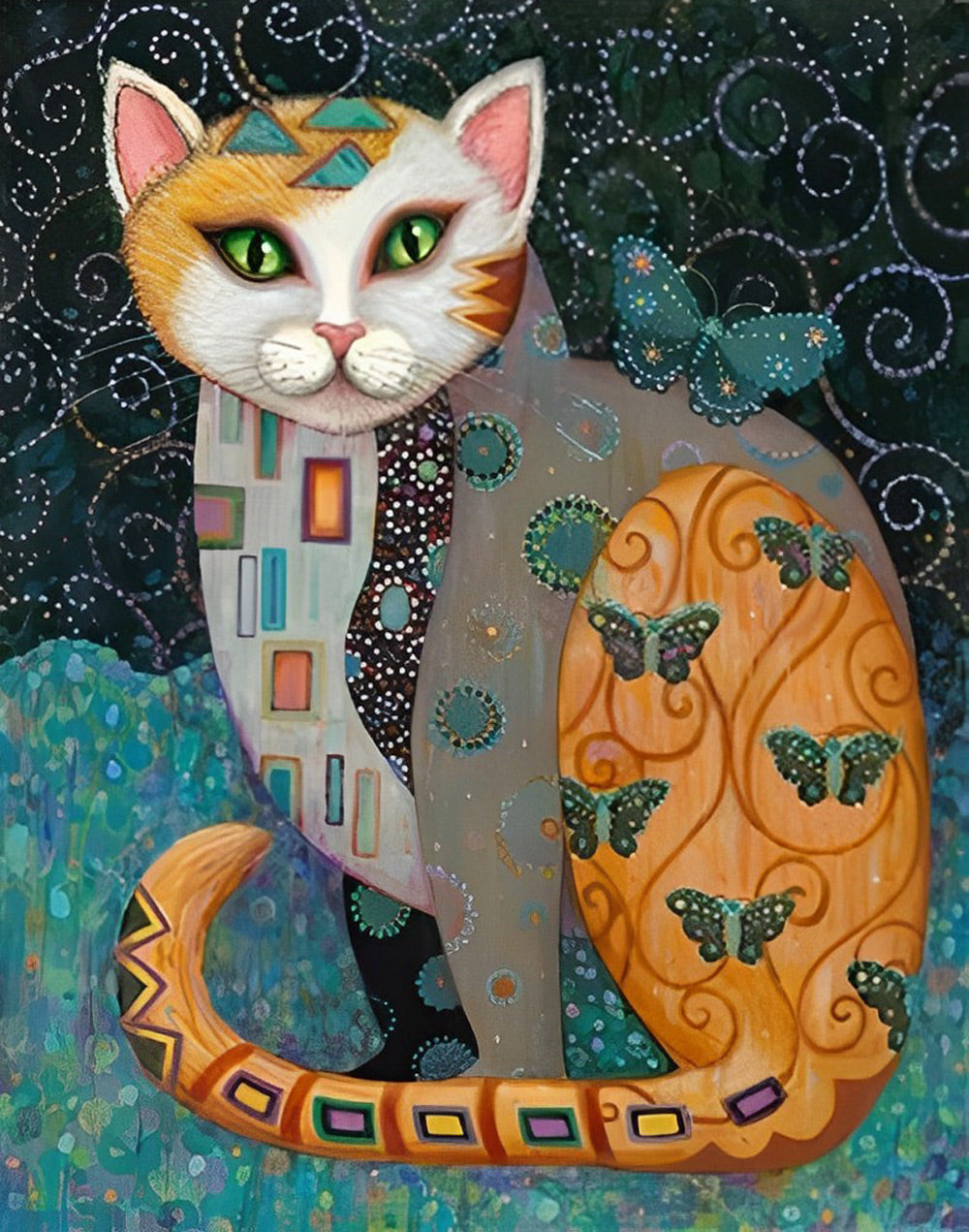 Versierde Kat en Groene Vlinders Diamond Painting