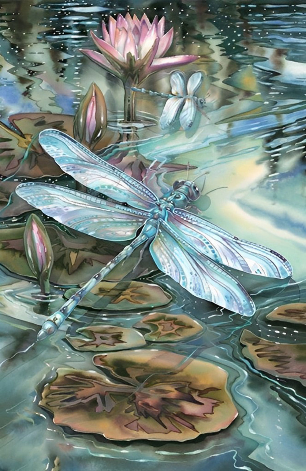 Verwelkte Lotusbladeren en Blauwe Libellen in de Vijver Diamond Painting