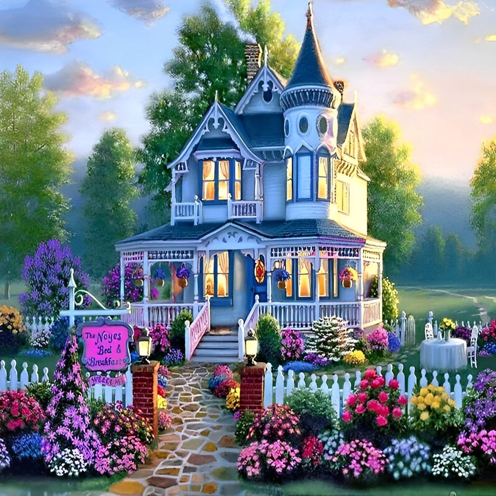 Victoriaans Huis met Kleurrijke Tuin Diamond Painting