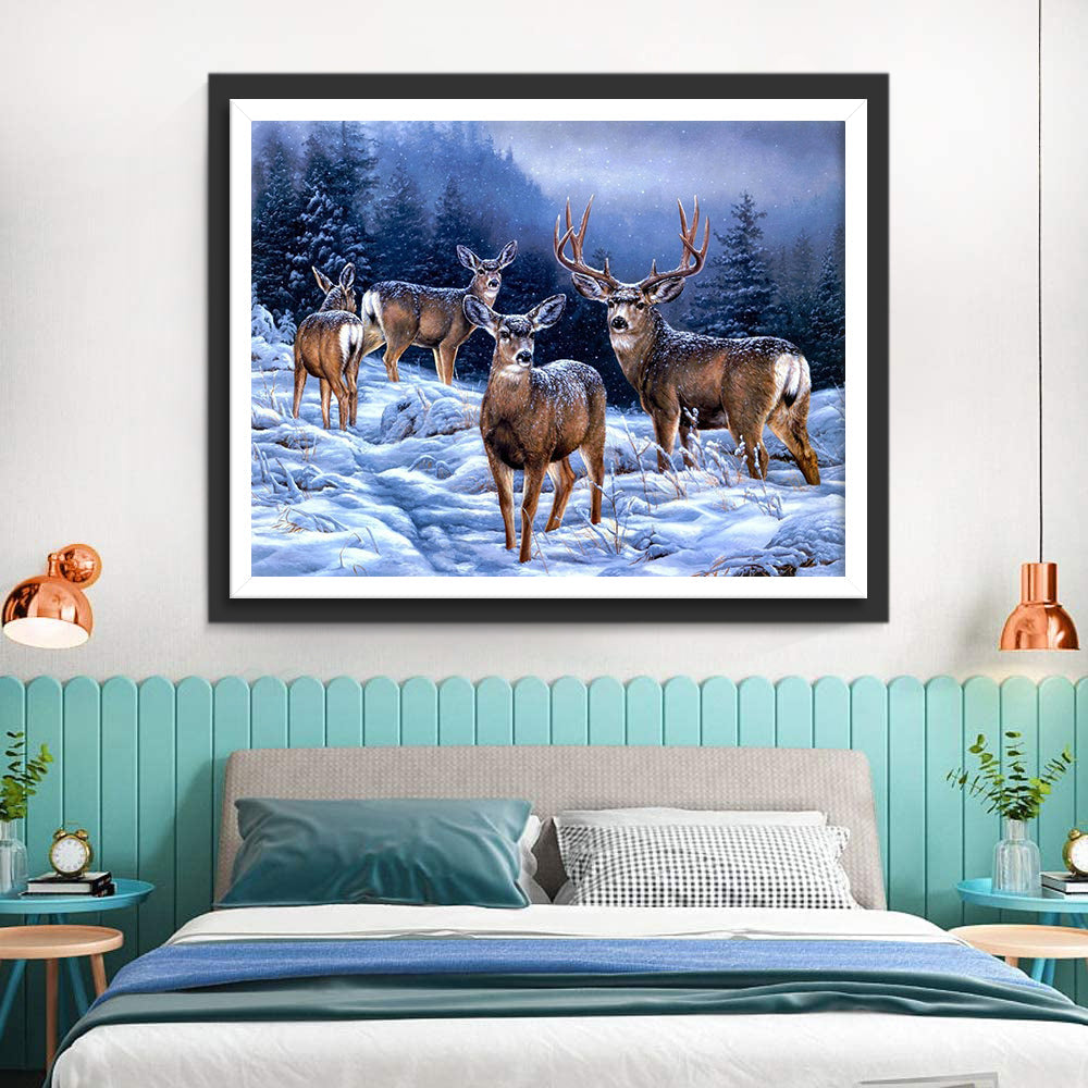Vier Herten in de Sneeuw Diamond Painting