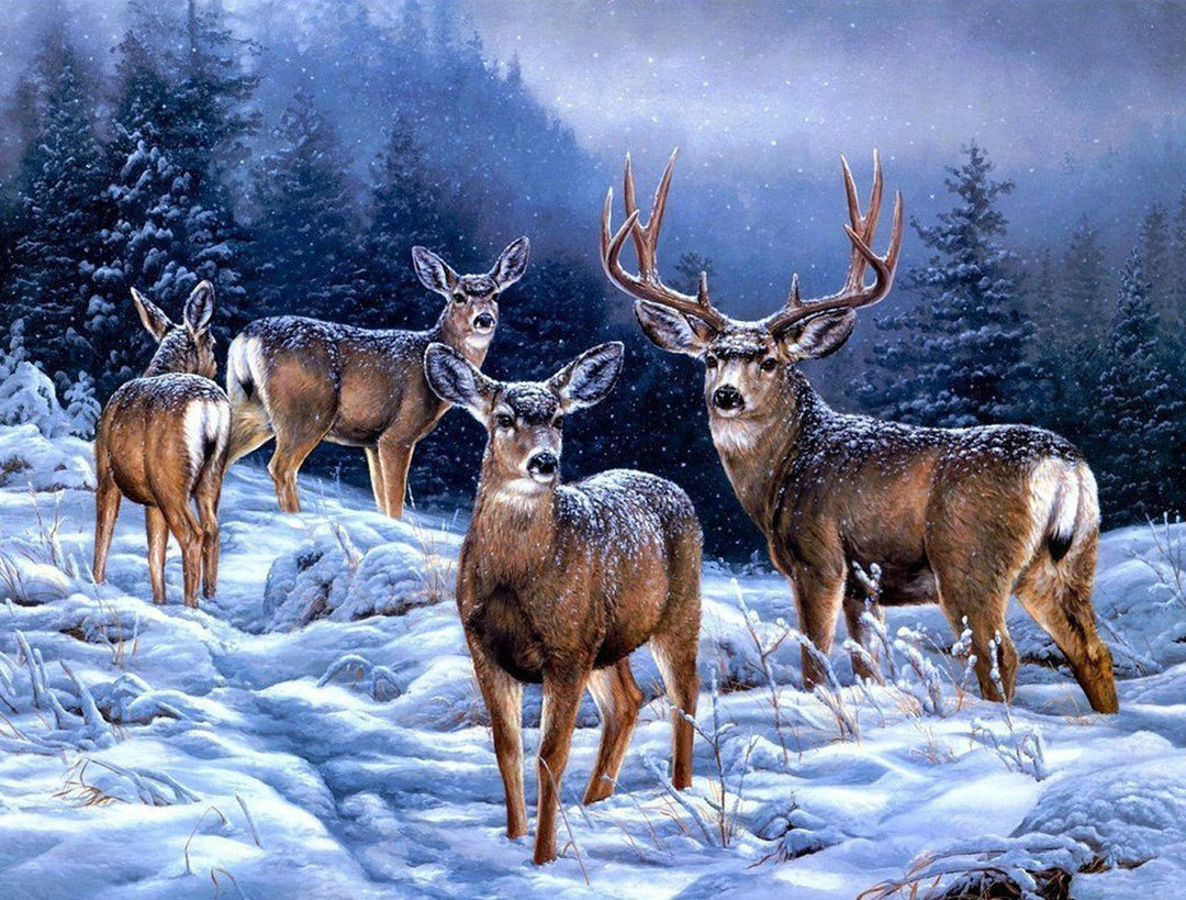 Vier Herten in de Sneeuw Diamond Painting