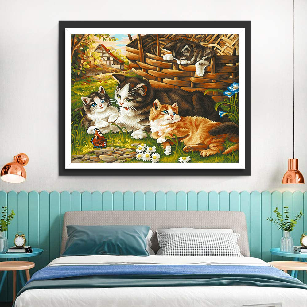 Vier Katten op de Boerderij Diamond Painting