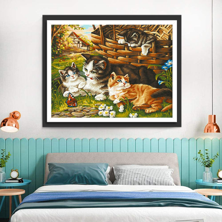 Vier Katten op de Boerderij Diamond Painting
