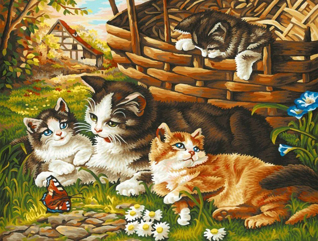 Vier Katten op de Boerderij Diamond Painting