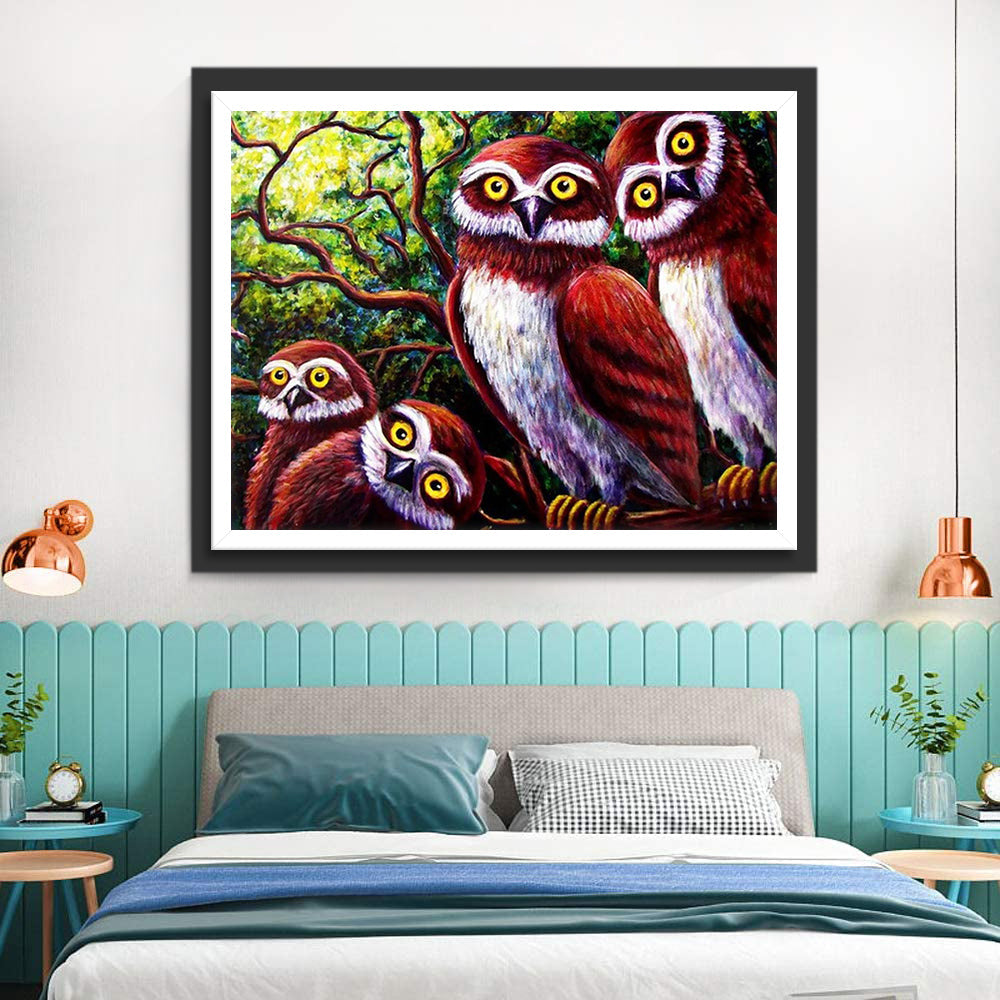 Vier Onschuldige Uilen Diamond Painting