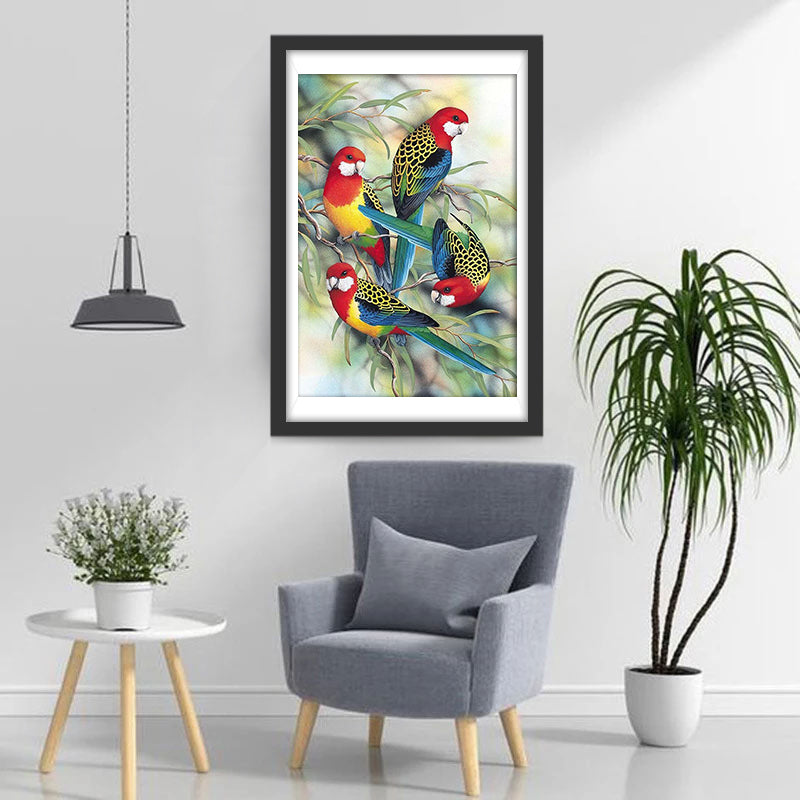 Vier Papegaaien in een Boom Diamond Painting