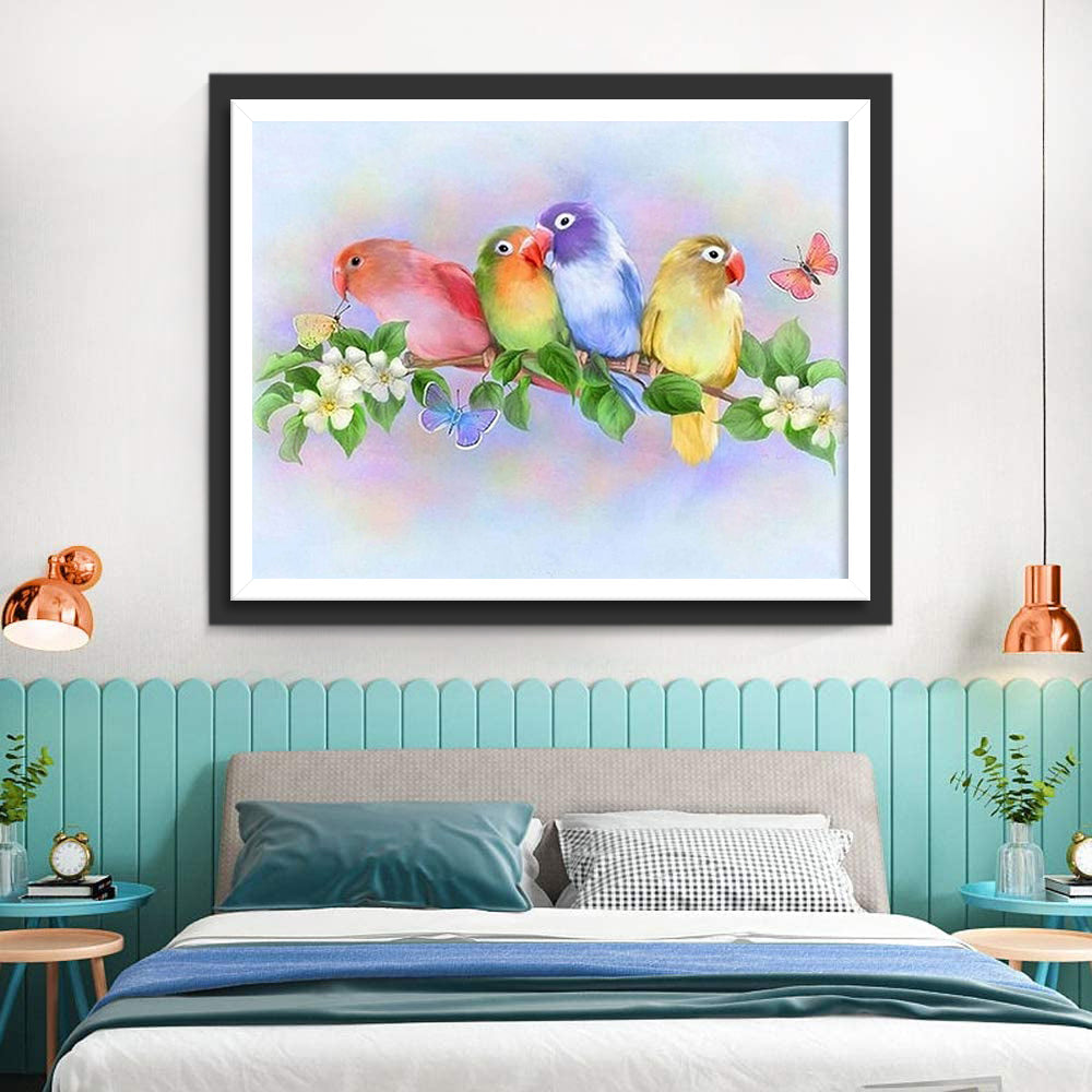 Vier Papegaaien op een Bloeiende Tak Diamond Painting