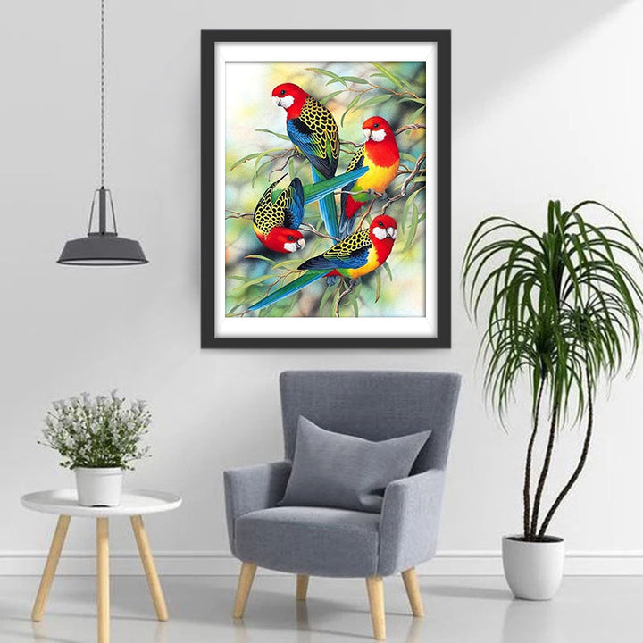 Vier Papegaaien op Een Tak Diamond Painting