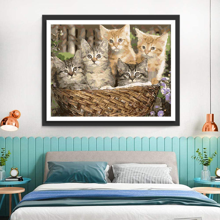Vijf Katten in een Bamboemand Diamond Painting