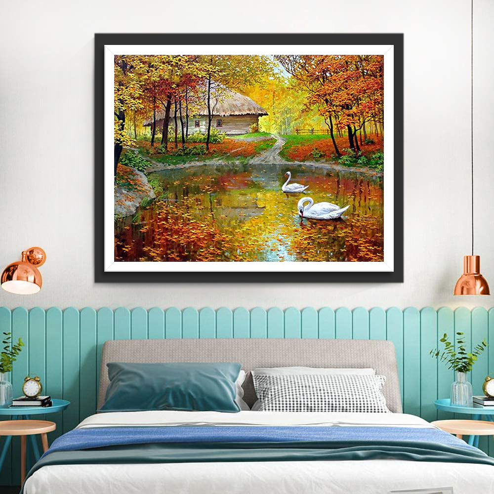 Vijver, Zwanen en Goudgele Bomen Diamond Painting