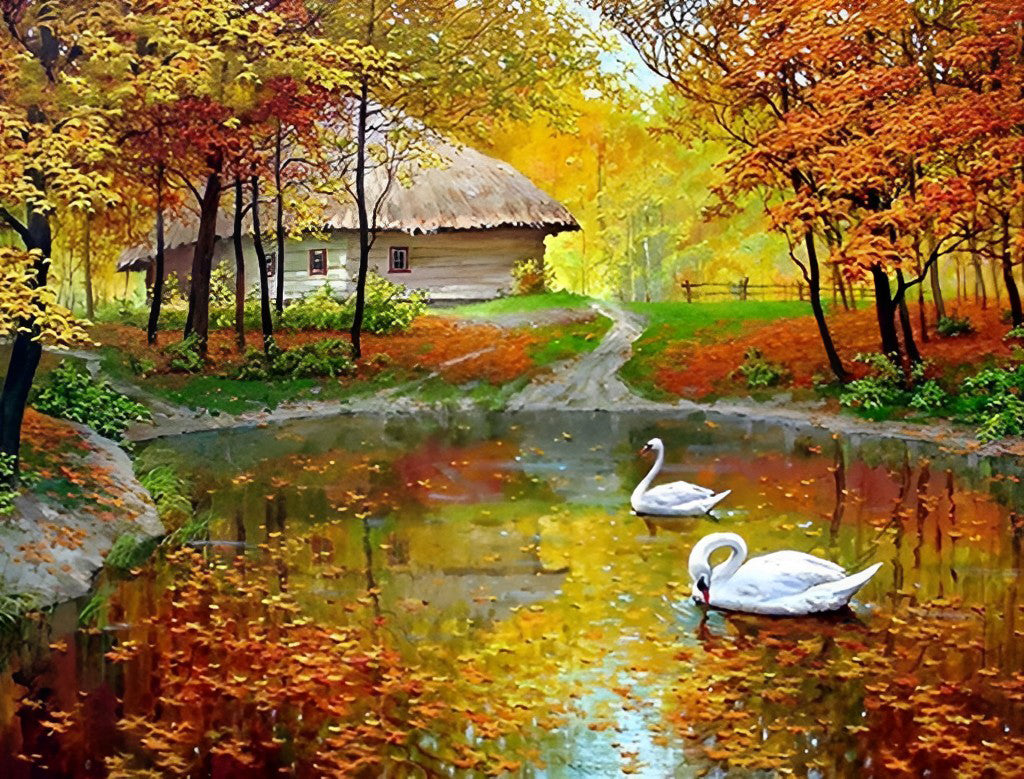 Vijver, Zwanen en Goudgele Bomen Diamond Painting