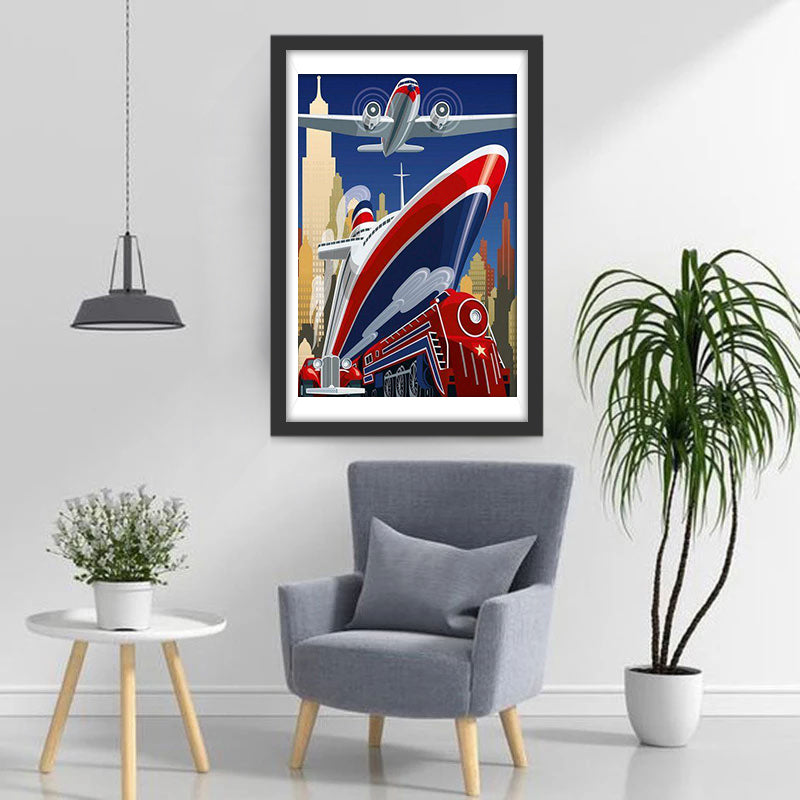Vliegtuig, Boot en Trein in Magische Stad Diamond Painting