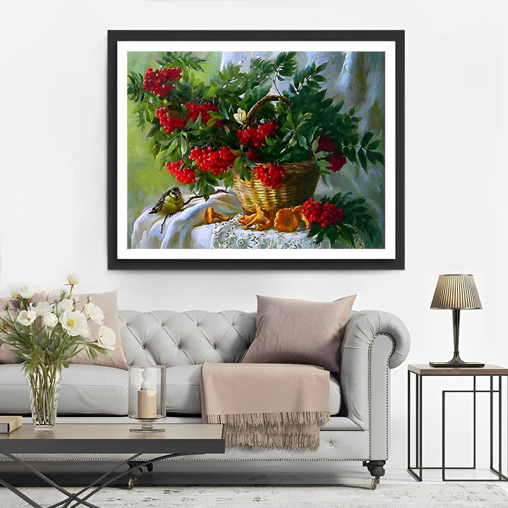 Vlierbessen in Mand met Vogeltje aan de Rand Diamond Painting