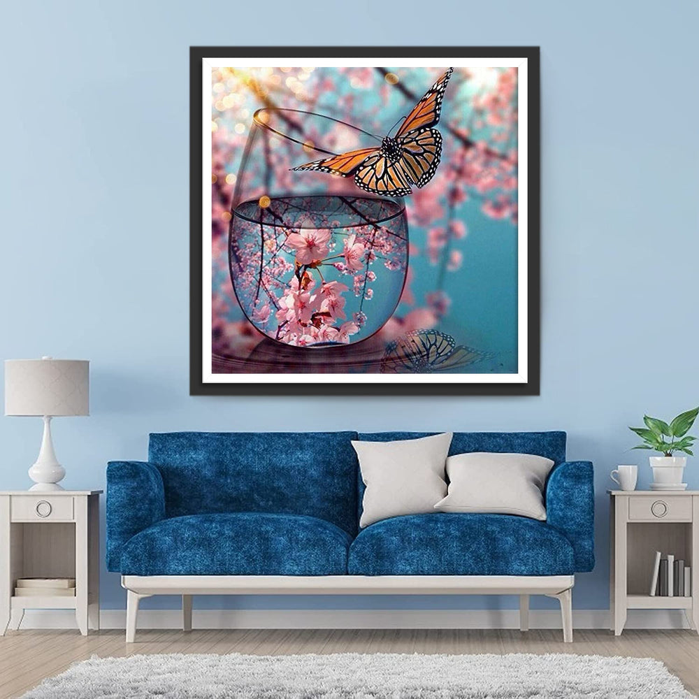 Vlinder bij Kersenbloesem in Glazen Beker Diamond Painting