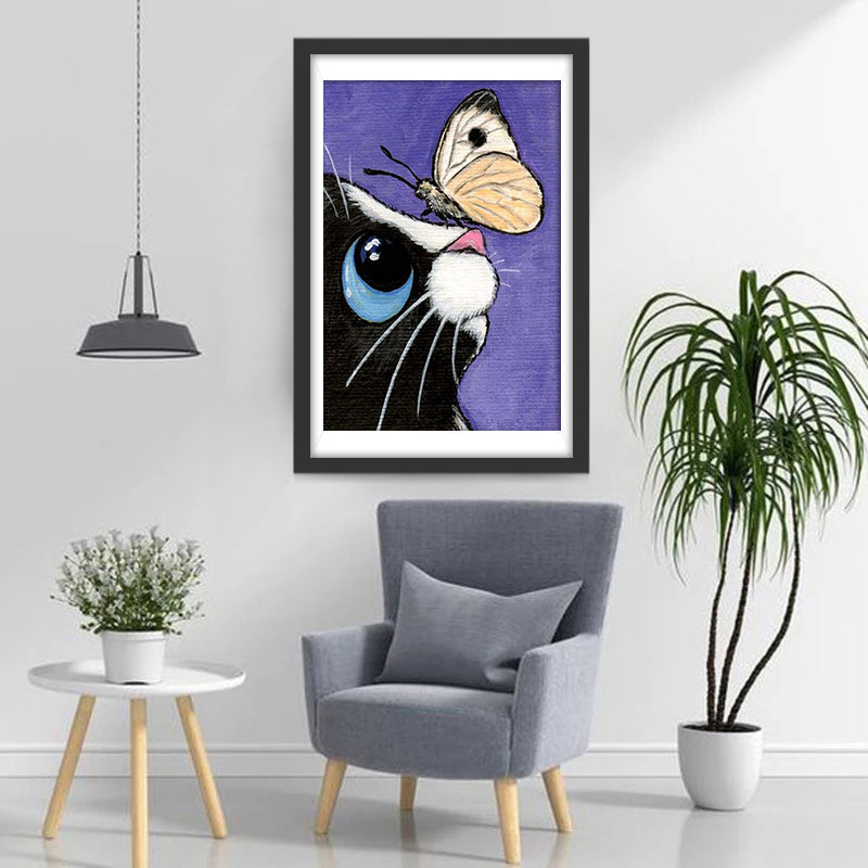 Vlinder op de Neus van een Kat Diamond Painting