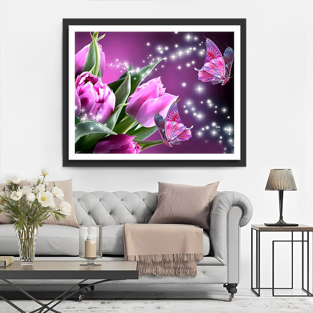 Vlinders bij Gloeiende Roze Tulpen Diamond Painting
