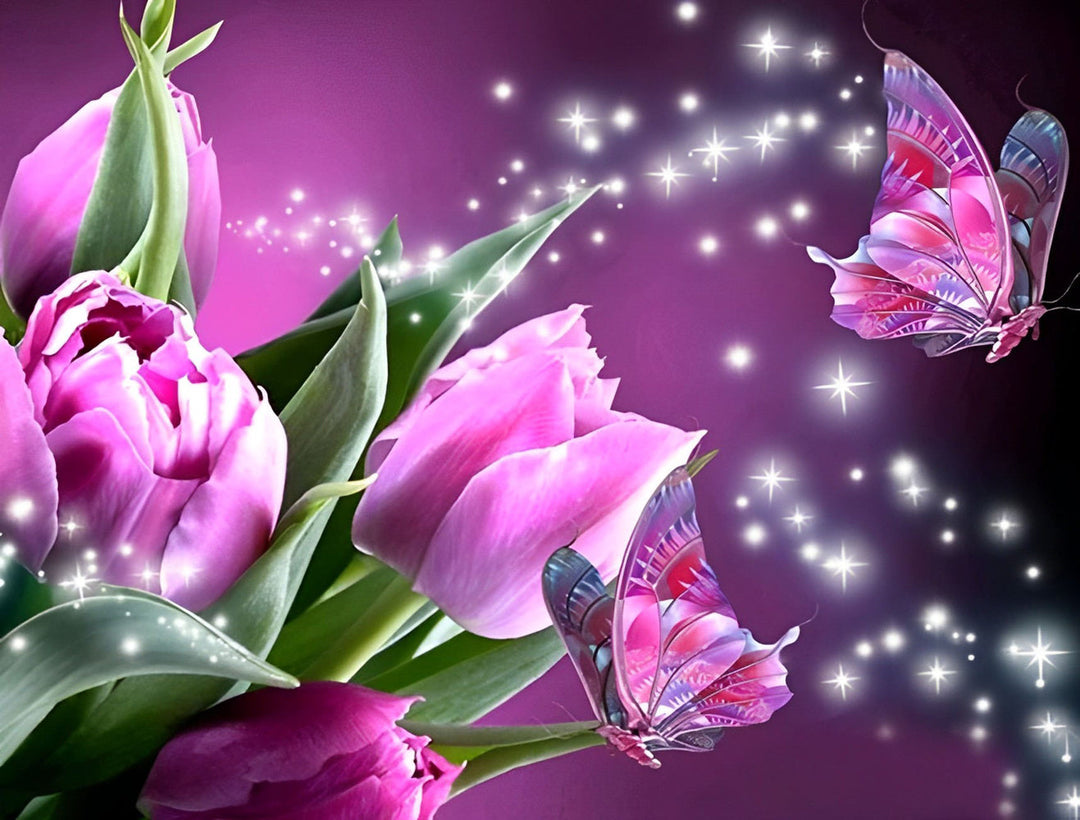 Vlinders bij Gloeiende Roze Tulpen Diamond Painting
