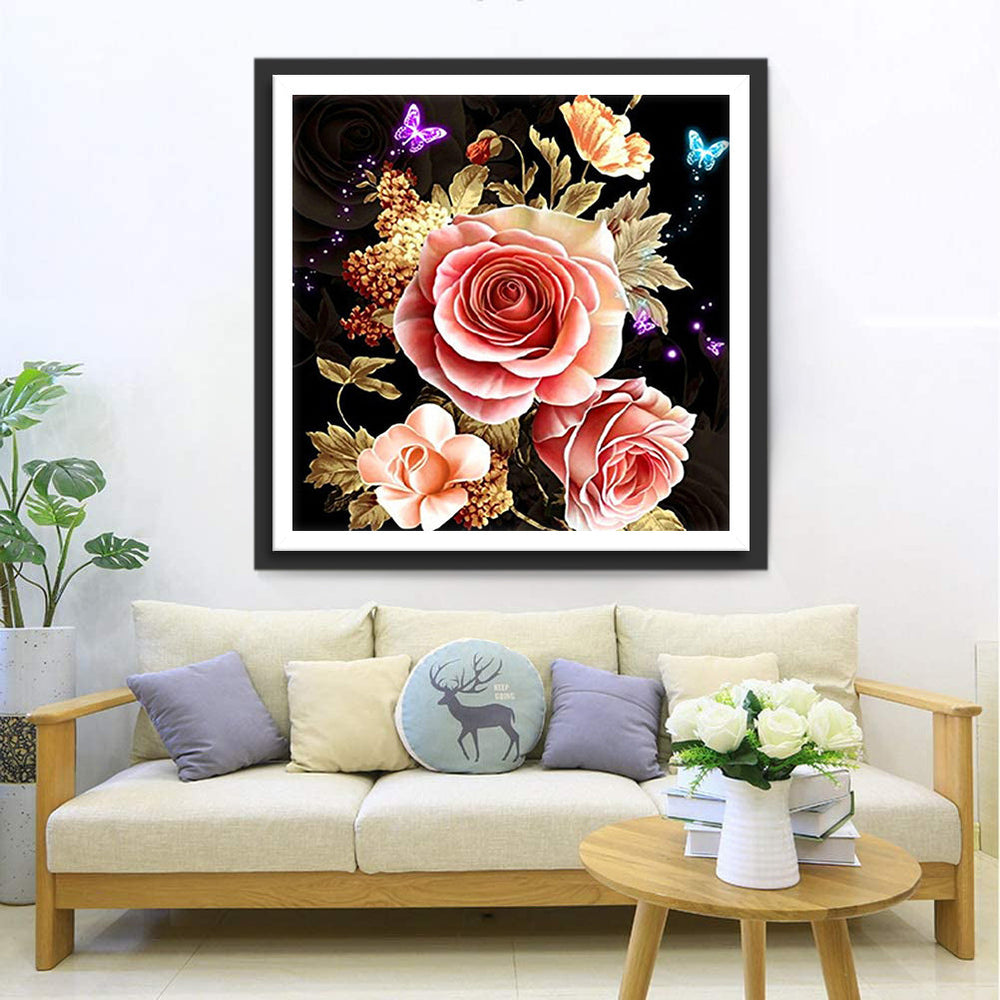 Vlinders die Rondfladderen tussen Roze-gouden Rozen Diamond Painting