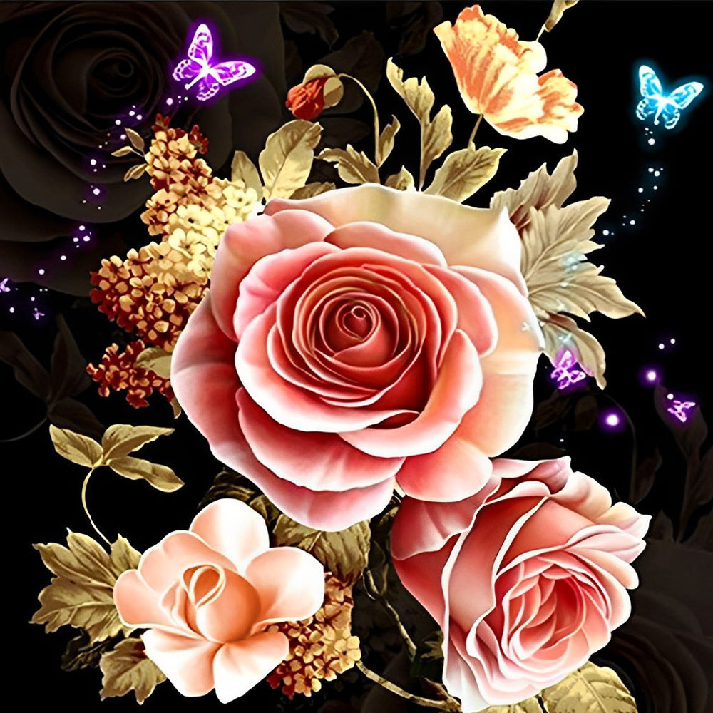 Vlinders die Rondfladderen tussen Roze-gouden Rozen Diamond Painting