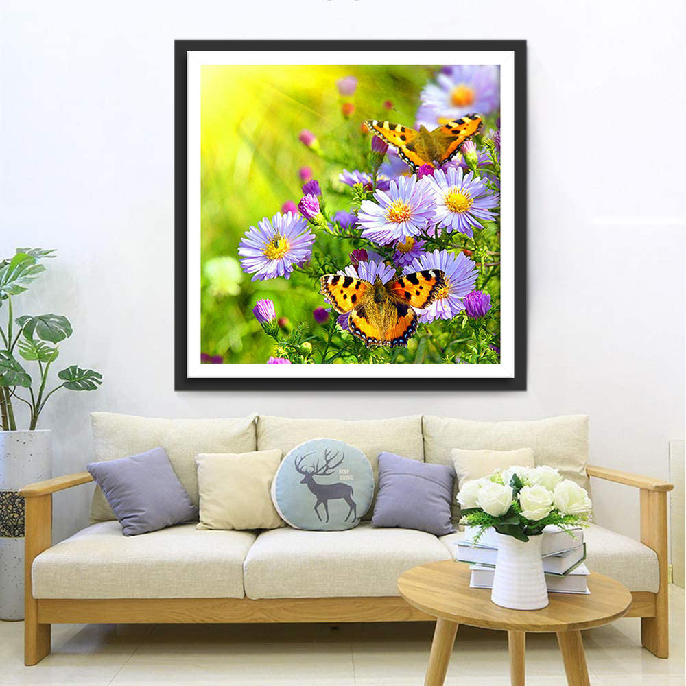 Vlinders in Paarse Bloemenweide Diamond Painting