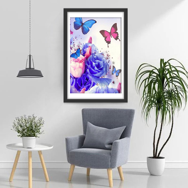 Vlinders op Blauwe en Roze Bloemen Diamond Painting