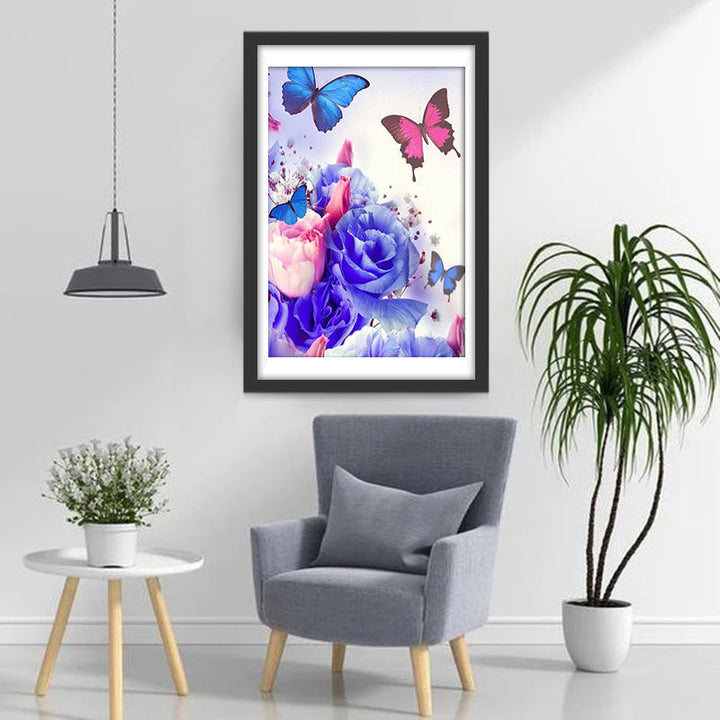 Vlinders op Blauwe en Roze Bloemen Diamond Painting