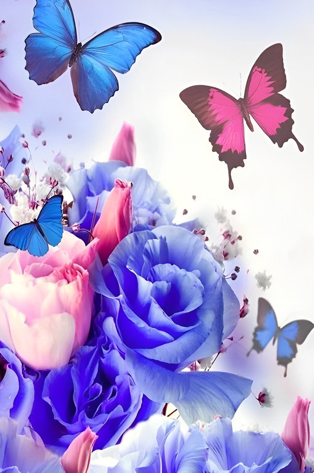 Vlinders op Blauwe en Roze Bloemen Diamond Painting