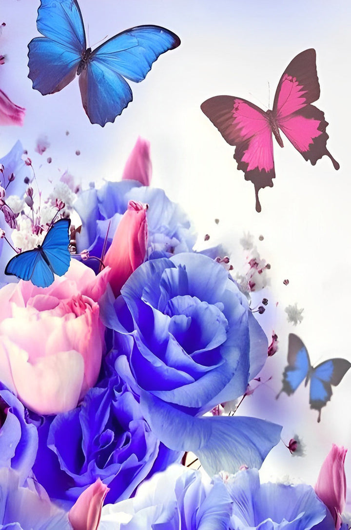 Vlinders op Blauwe en Roze Bloemen Diamond Painting