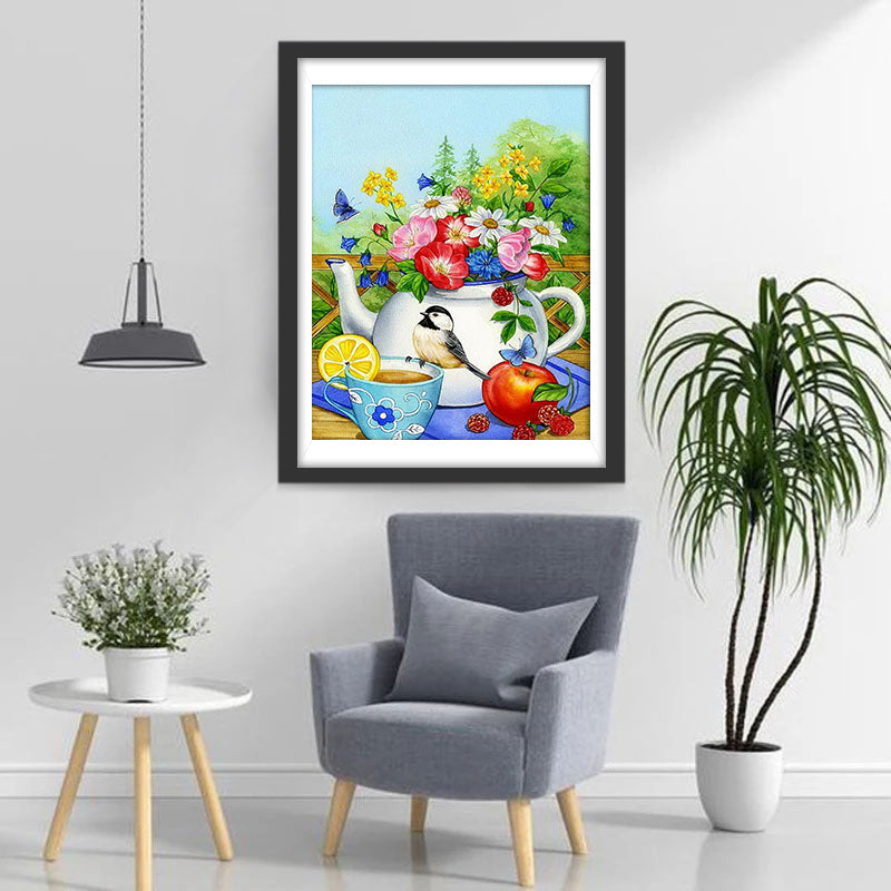 Vogel op een Theekopje voor een Middagthee in de Binnenplaats Diamond Painting