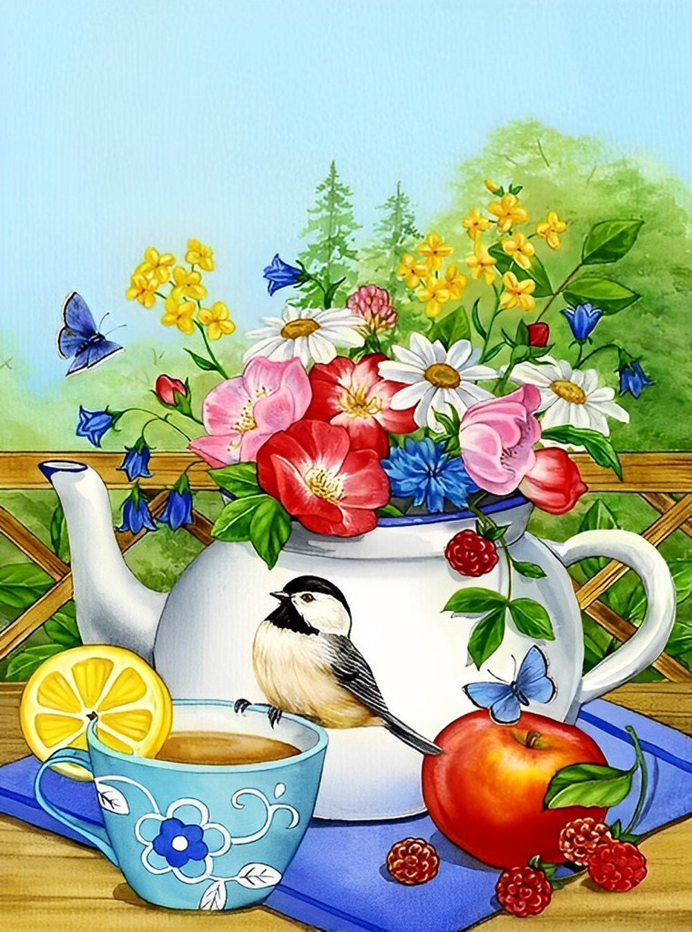 Vogel op een Theekopje voor een Middagthee in de Binnenplaats Diamond Painting