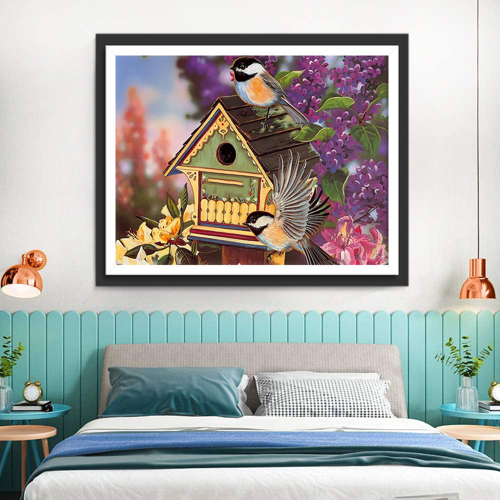 Vogelnest en Twee Vogels bij de Paarse Bloemen Diamond Painting