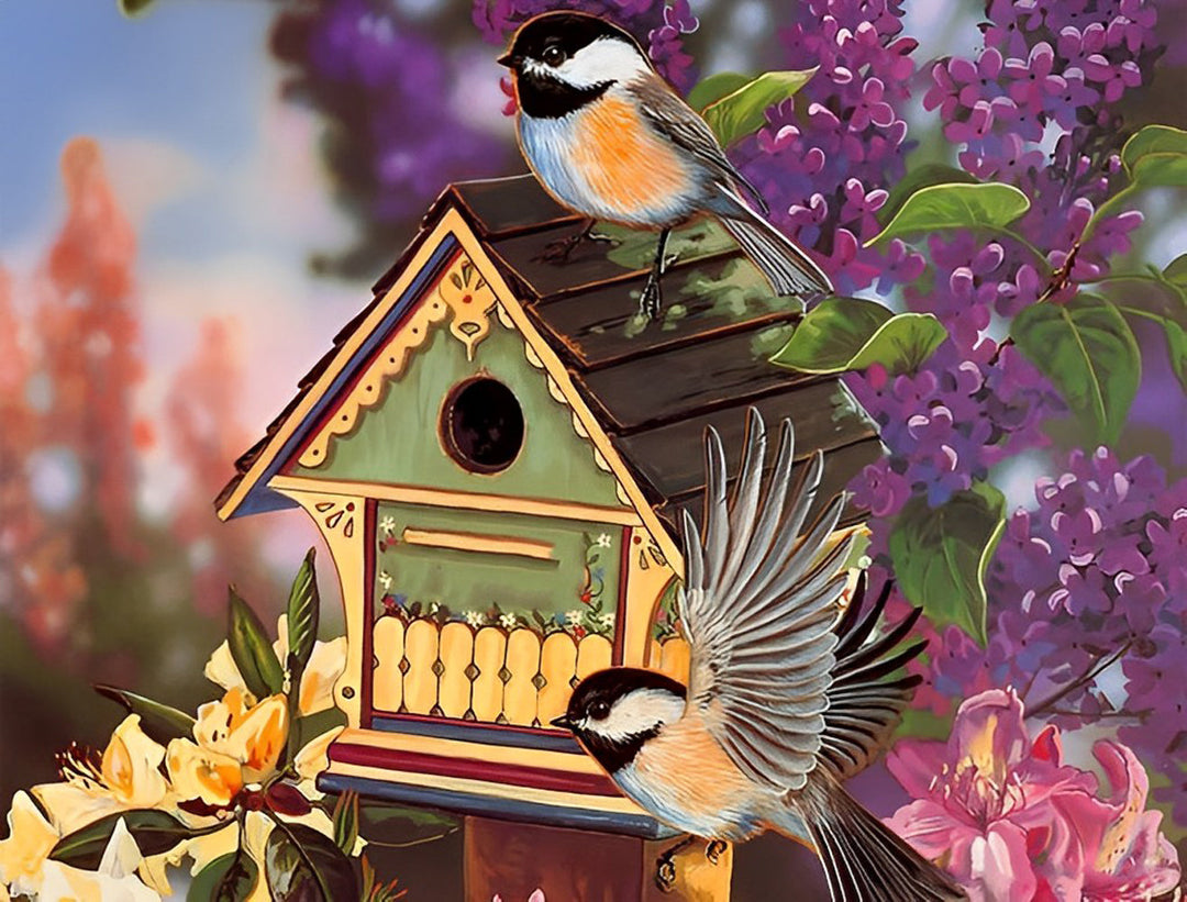 Vogelnest en Twee Vogels bij de Paarse Bloemen Diamond Painting