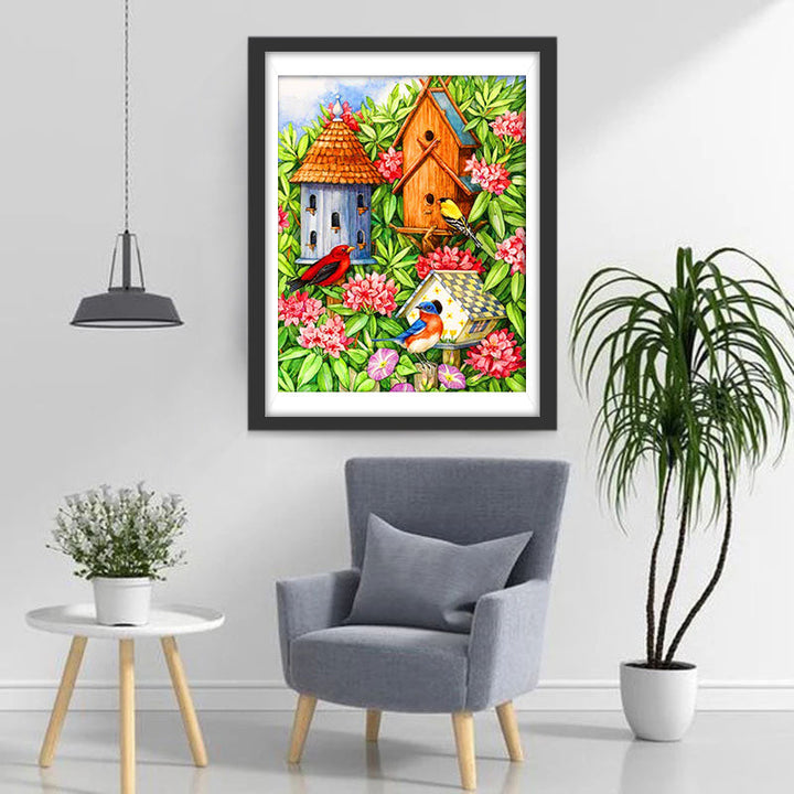 Vogelnesten en Kolibries in de Roze Bloemen Diamond Painting